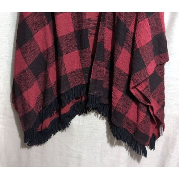Mossimo Supply Red/Black Buffalo Plaid Poncho Cardigan Open Cape Fringe S/M - Picture 15 of 16